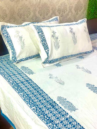 TRADITIONAL MEHNDIGREE Block Printed Bed Sheet Blue Alankaran Designs