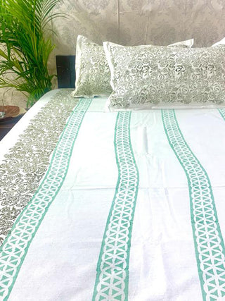 FLORAL BUTA Block Printed Bed Sheet Light Blue Alankaran Designs