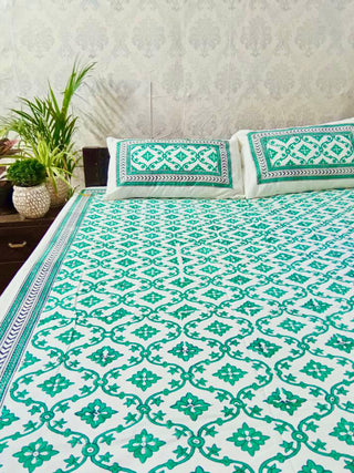 TRIBAL MOTIVE Block Printed Bed Sheet Green & Blue Alankaran Designs