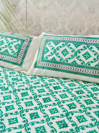 TRIBAL MOTIVE Block Printed Bed Sheet Green & Blue Alankaran Designs