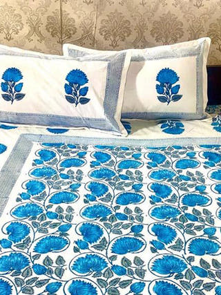 MEHENDI Big Buta Design Block Printed Bed Sheet Blue Alankaran Designs