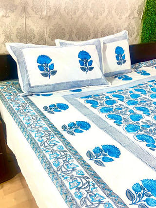 MEHENDI Big Buta Design Block Printed Bed Sheet Blue Alankaran Designs