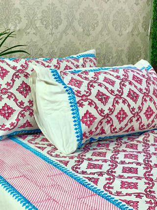 FLORAL Block Printed Bed Sheet Blue & Yellow Alankaran Designs