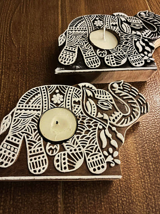 Handcrafted Wooden Diya Tea light holders Elephant design Set Of 2 Green Footprint