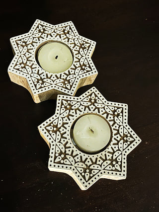 Handcrafted Wooden Diya Tea light holders Star Design Set Of 2 Green Footprint