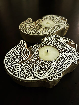 Handcrafted Wooden Diya Tea light holders Fish design Set Of 2 Green Footprint