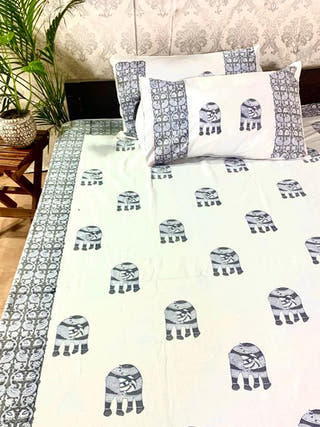FLORAL Block Printed Bed Sheet Green & Blue Alankaran Designs