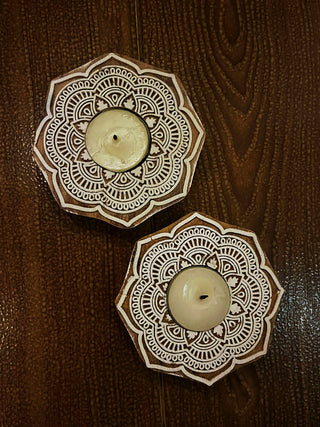 Handcrafted Wooden Diya Tea light holders Flower Design Set Of 2 Green Footprint