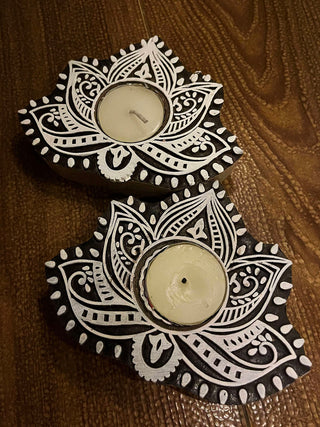 Handcrafted Wooden Diya Tea light holders Lotus Design Set Of 2 Green Footprint