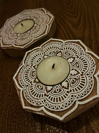 Handcrafted Wooden Tealight holders Flower Design Set Of 2 GreenFootPrint