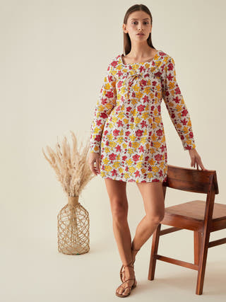 Mini Dress With Full Sleeves In Floral Print Arras