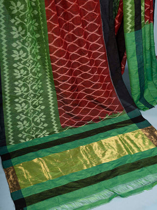 Ikat Linen Saree Spearmint and Brown Green With Blouse Piece Bindu Giri