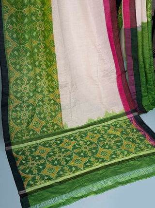 Ikat Saree White and Lime Green With Blouse Piece Bindu Giri