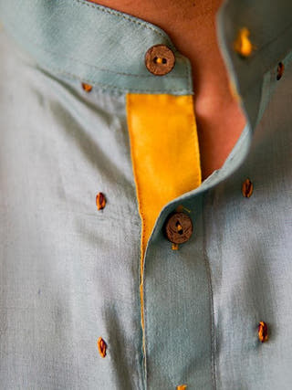 Tussar Silk Sujani Kurta Light Blue Bihart