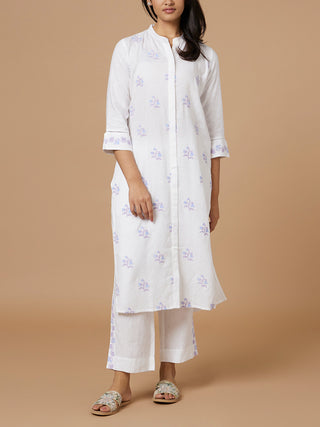Linen Embroidered Kurta Set White Bombay Bloom