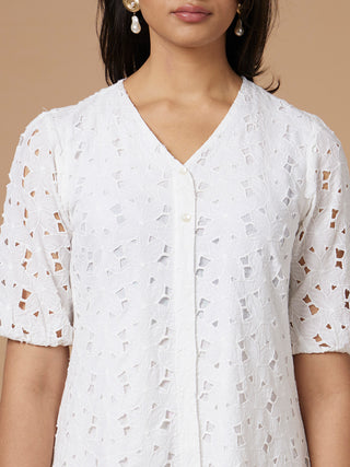 Cutwork Dress With All Over Schiffli Embroidery White Bombay Bloom