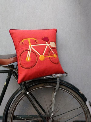 CYCLE Applique Embroidery Cushion Cover Red Bun.kar Bihar