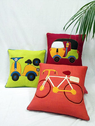 CYCLE Applique Embroidery Cushion Cover Red Bun.kar Bihar