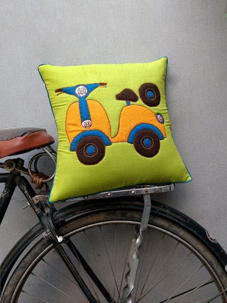 SCOOTER Applique Embroidery Cushion Cover Green Bun.kar Bihar