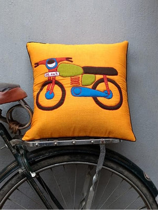 MOTOR CYCLE Applique Embroidery Cushion Cover Orange Bun.kar Bihar
