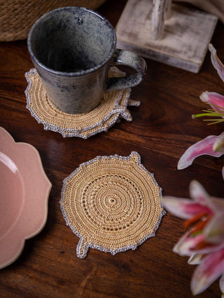 Handmade Crochet Ziba Round Coasters Silver Beige Samoolam