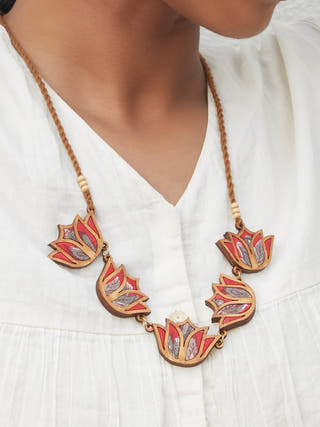 BLOOM Lotus Repurposed Fabric and Wood Necklace Red Whe