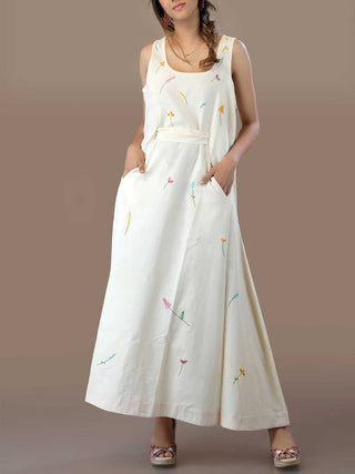 B'CREAMY AFFAIR Belted Handwoven Shift Dress Off-White Dharang
