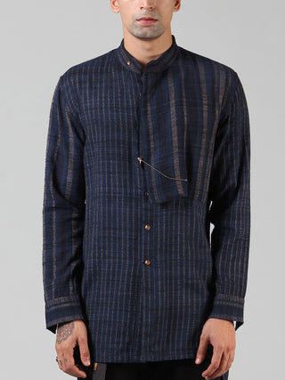 Ahimsa Silk Brocade Tunic Shirt Navy Blue Dhatu Design Studio