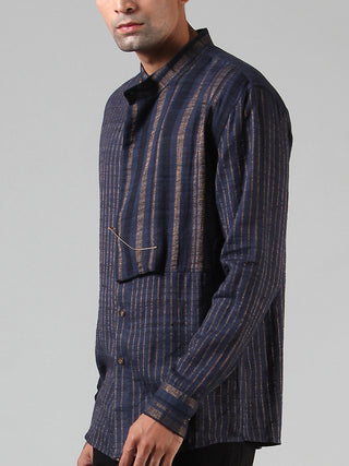 Anti-Flip Pocket Ahimsa Silk Brocade Shirt Navy Blue Dhatu Design Studio