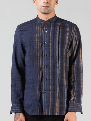 Pleated Ahimsa Silk Brocade Shirt Navy Blue Dhatu Design Studio