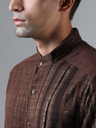 Pleated Ahimsa Silk Brocade Shirt Brown Dhatu Design Studio