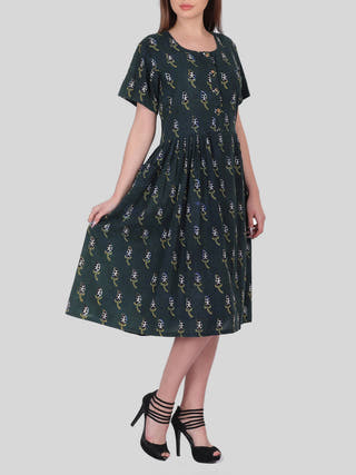 Block Printed Cotton Black - Cotton Women Cotton Dress in Teal color