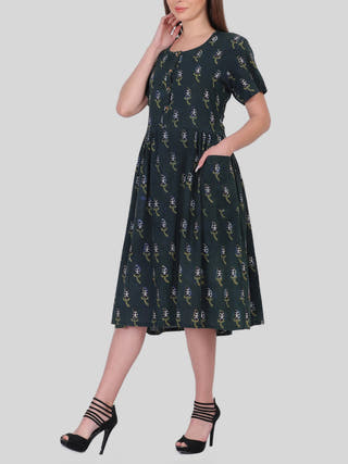 Block Printed Cotton Black - Cotton Women Cotton Dress in Teal color