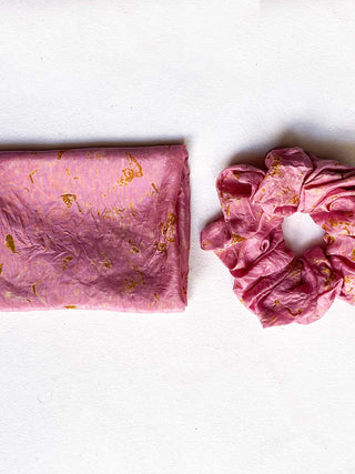 Silk Bandana&comma Scrunchie Combo- Pink with Yellow Ecoshi