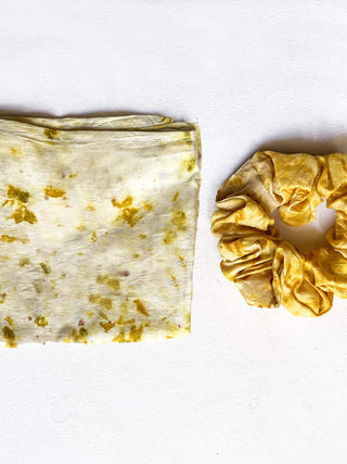 Silk Bandana, Scrunchie Combo- White with Mustard Yellow Ecoshi