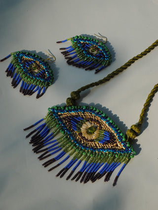 Nazar Set Peacock Necklace and Earrings Green Ekibeki