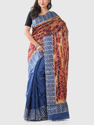 Handwoven Hand Batik Pure Silk Saree And Blouse Piece With Silk Mark Blue And Brown GCART
