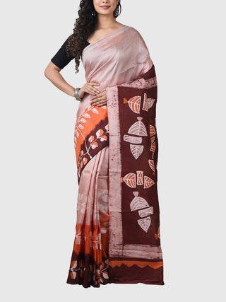 Handwoven Hand Batik Pure Silk Saree And Blouse Piece With Silk Mark Cream And Brown GCART