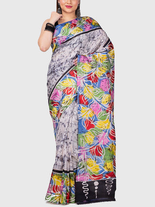 Handwoven Hand Batik Pure Silk Saree And Blouse Piece With Silk Mark Off White And Blue GCART