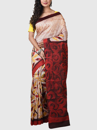 Handwoven Hand Batik Pure Silk Saree And Blouse Piece with Silk Mark Cream And Rust GCART