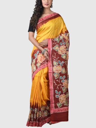 Handwoven Hand Batik Pure Silk Saree And Blouse Piece With Silk Mark Yellow And Brown GCART