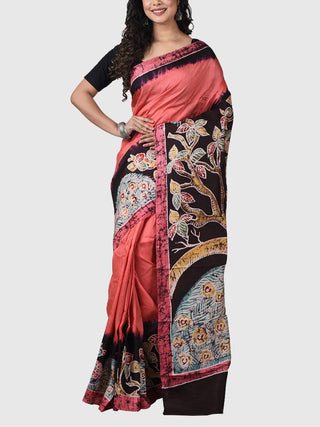 Handwoven Hand Batik Pure Silk Saree And Blouse Piece With Silk Mark Pink And Black GCART