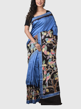 Handwoven Hand Batik Pure Silk Saree And Blouse Piece With Silk Mark Blue And Black GCART