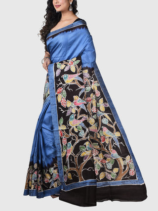 Handwoven Hand Batik Pure Silk Saree And Blouse Piece With Silk Mark Blue And Black GCART
