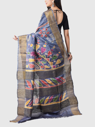 Handwoven Hand Batik Tussar Silk Saree And Blouse Piece With Silk Mark Blue And Black GCART
