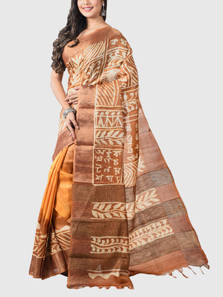 Handwoven Hand Batik Tussar Silk Saree And Blouse Piece With Silk Mark Yellow And Beige GCART