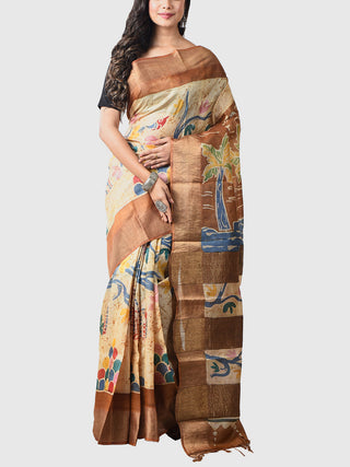 Handwoven Hand Batik Tussar Silk Saree And Blouse Piece With Silk Mark Cream And Brown 1 GCART