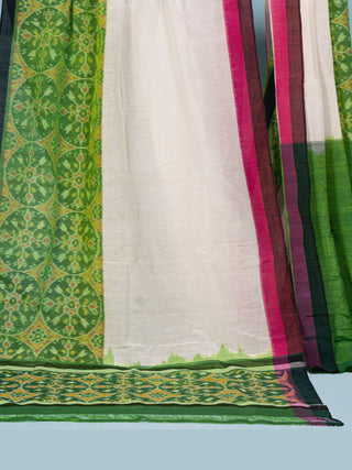 Ikat Saree White and Lime Green With Blouse Piece Bindu Giri