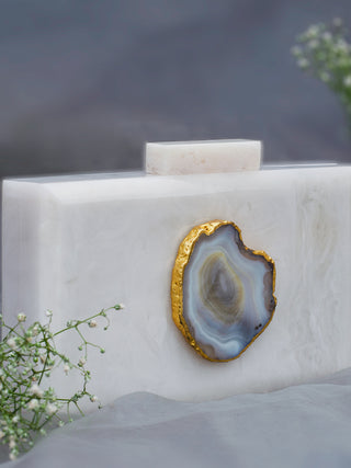 The  White Baroque Rectangular Clutch Grey Stone Label Sneha