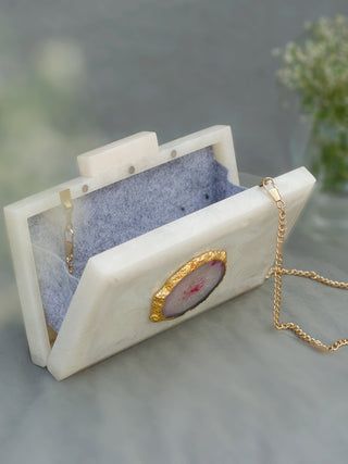 The  White Baroque Rectangular Clutch Pink Stone Label Sneha